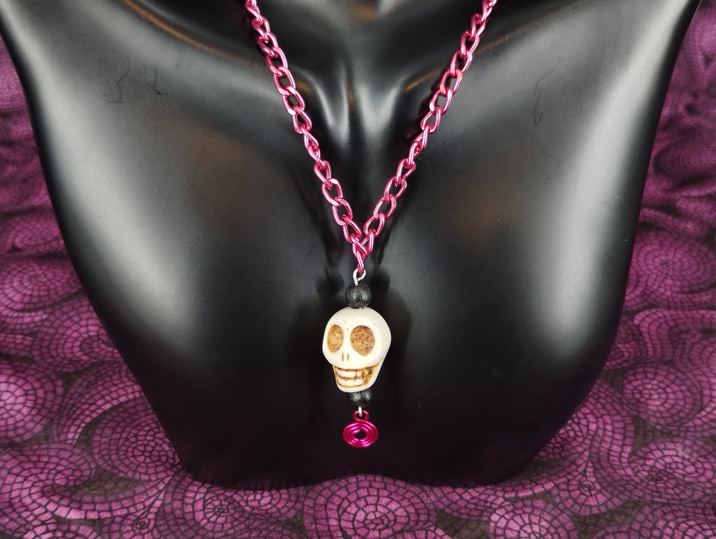 Necklace - White Skull with Pink Spiral