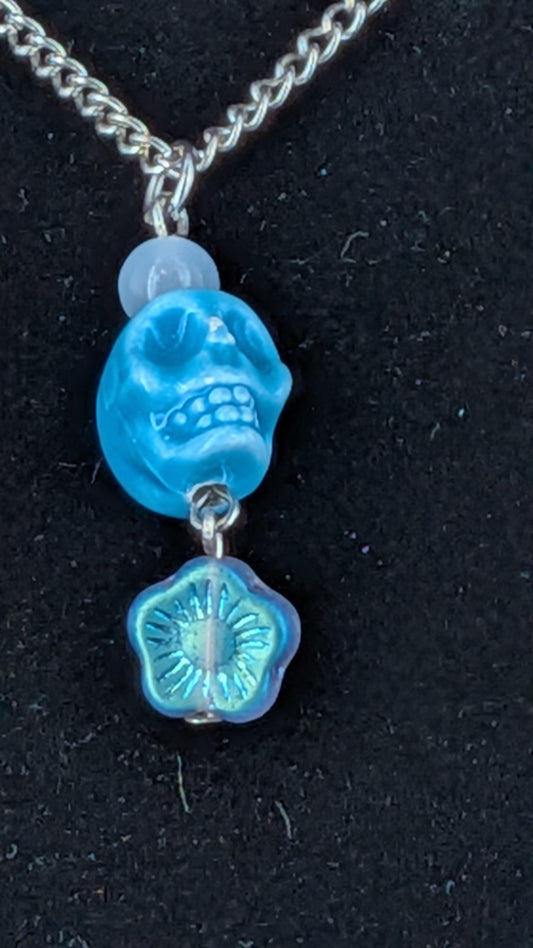 Blue  Skull & Flower Necklace