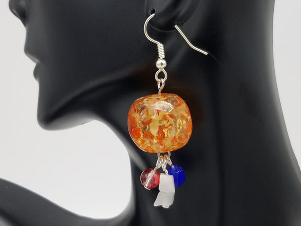 Crackle Orange, Red, White and Blue Dangles