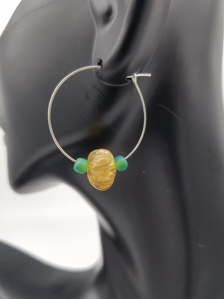 Yellow Flowers and Green Beads on Hoops